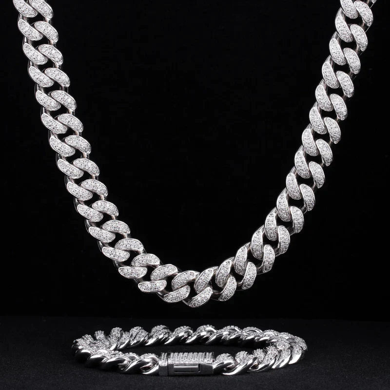 12mm Iced Cuban Chain & Bracelet Set (Silver)