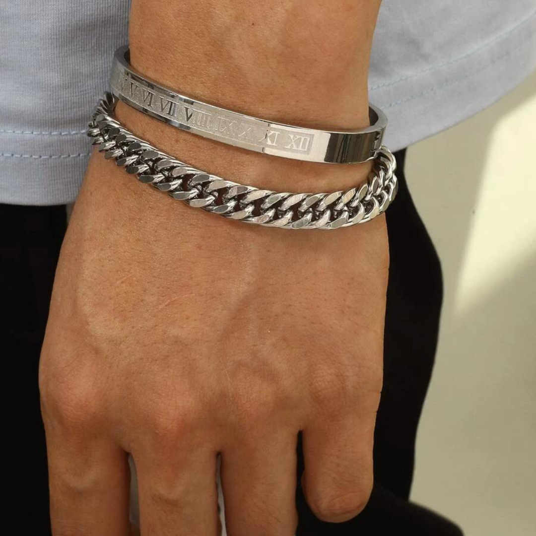 Men Chain Bracelet & Roman Numerals Bangle