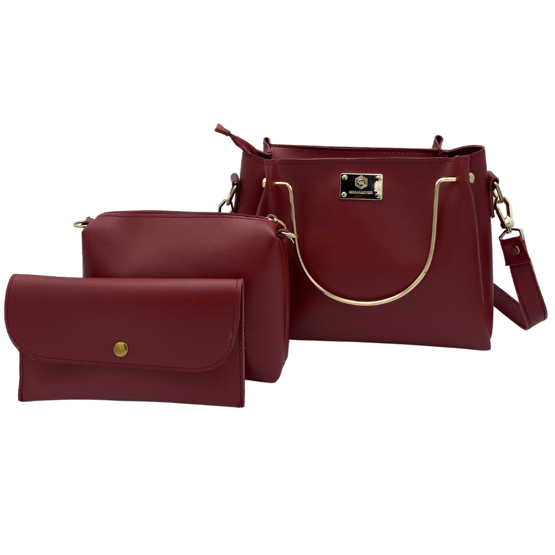 Granular Women Handbag - Maroon - 3pc Set